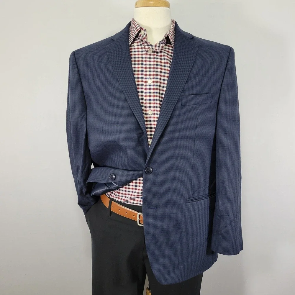 Michale Kors Men's Sport Coat Blazer Two Button Navy Houndstooth Poly Blend 44R